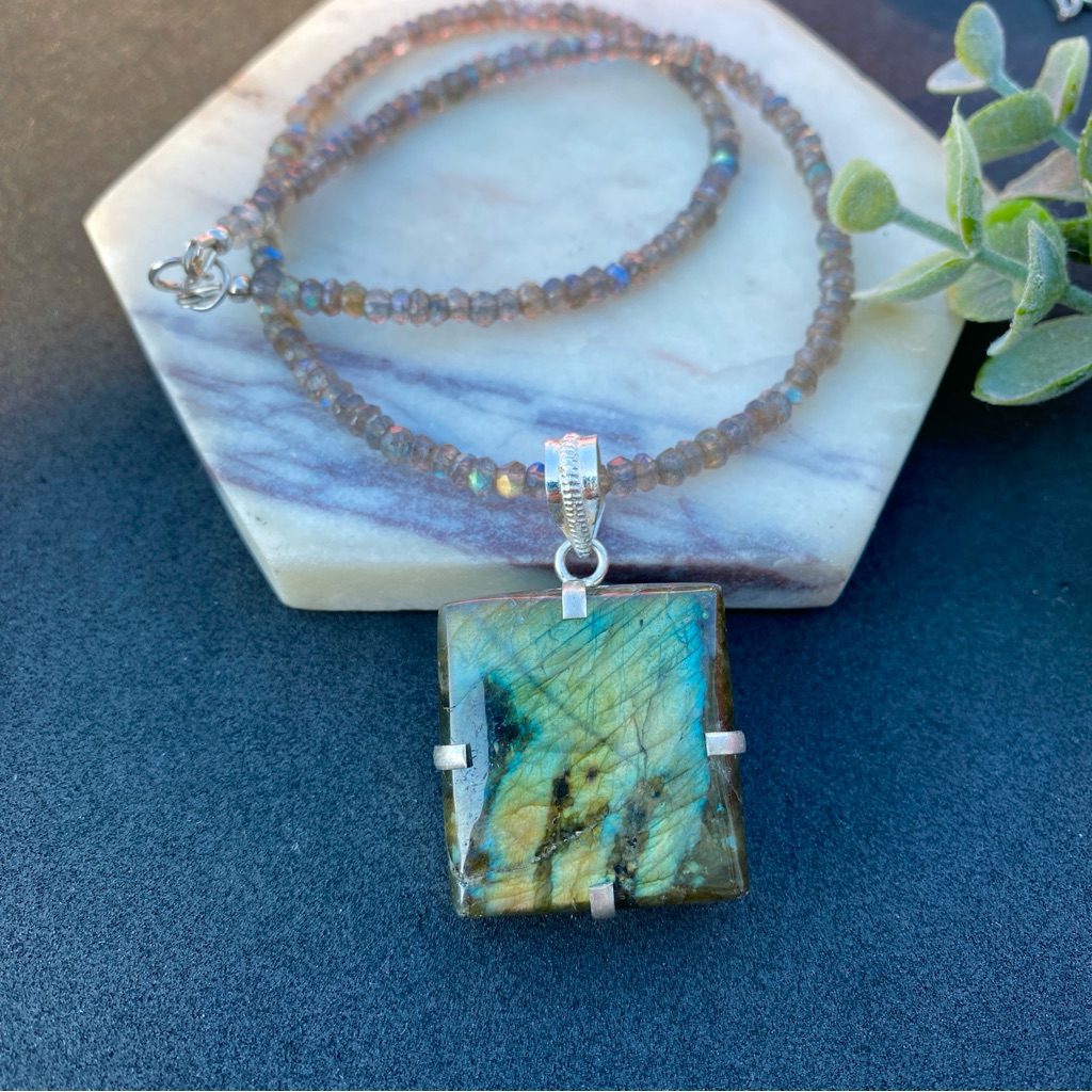 Labradorite Pendant Necklace Beaded Sterling Silver